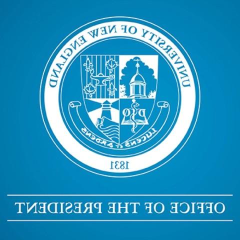 A white graphic with the UNE official seal and text saying "Office of the President" over a blue background